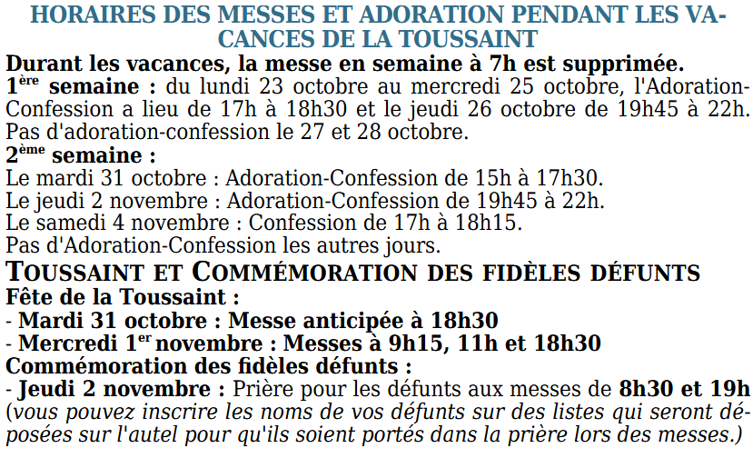 Horaires de Toussaint NotreDame de La Salette